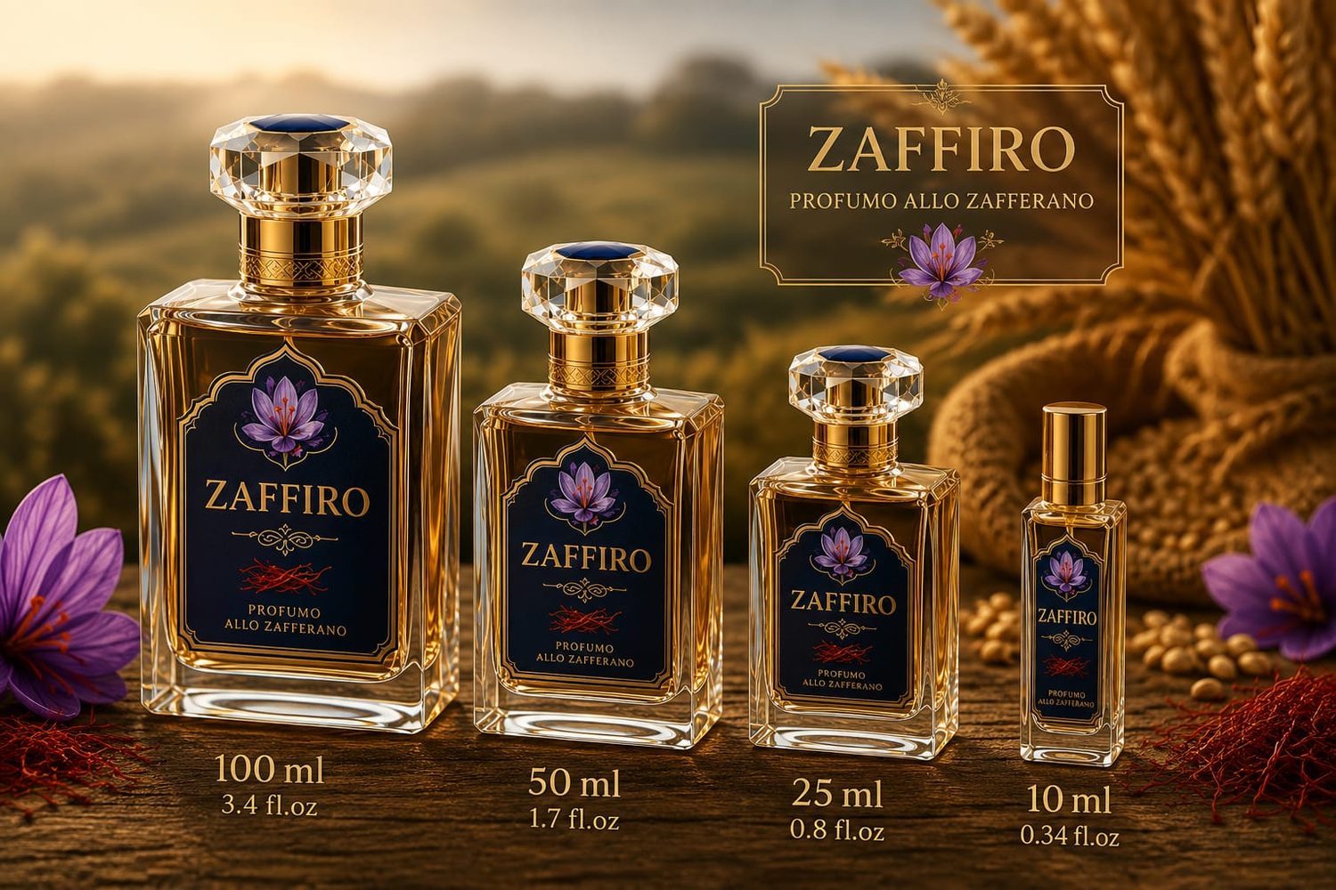 I quattro formati di Zaffiro: 100 ml, 50 ml, 25 ml e 10 ml.